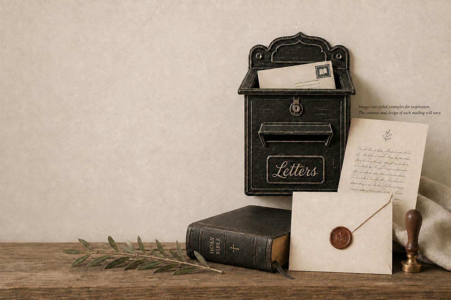 A vintage wall mailbox beside a Bible, handwritten letter, wax-sealed envelope, and olive branch